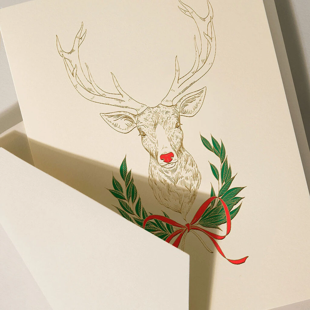 Crane Decorated Reindeer Engraved Card Set Of 10 2 Crane Decorated Reindeer Engraved Card Set Of 10 - Image 2